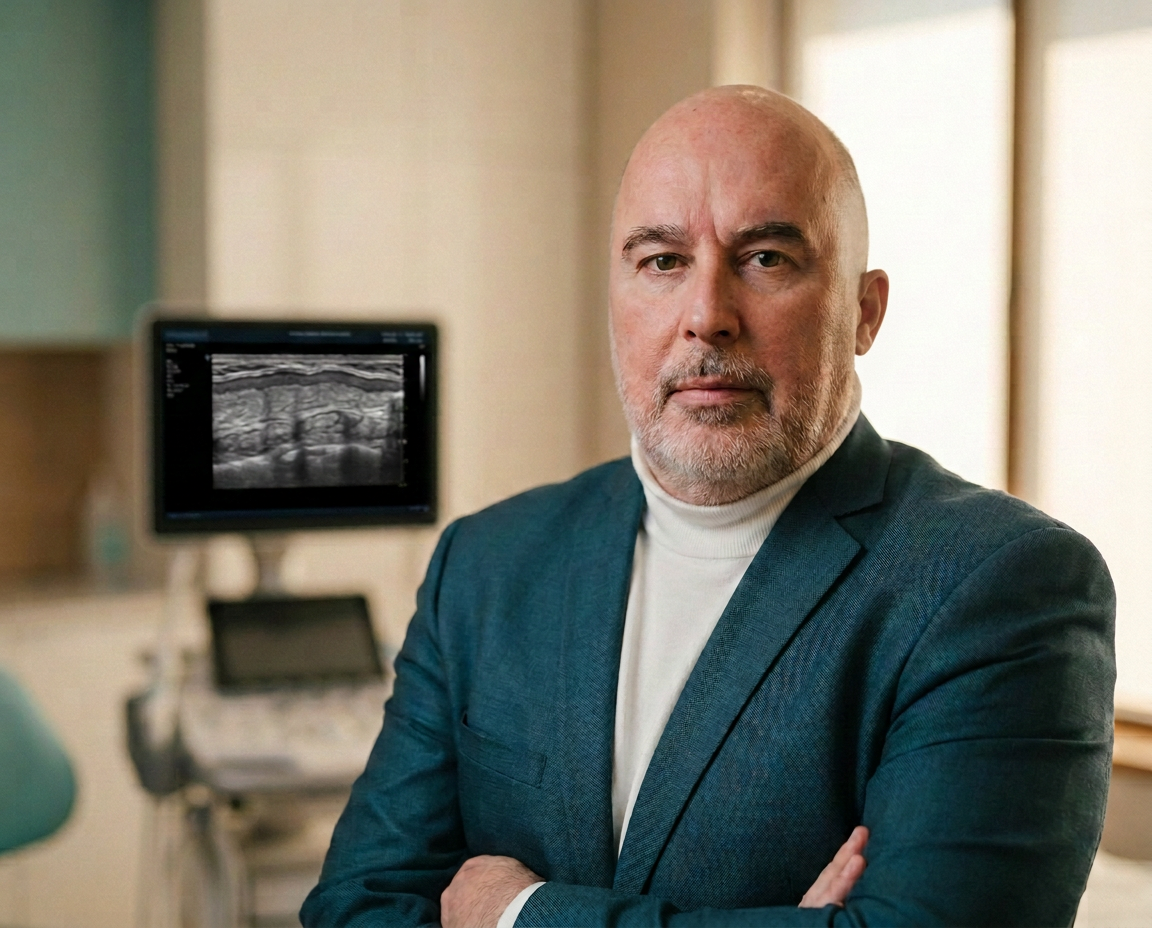 Dr. Ricardo Valls ao lado de equipamento de ultrassonografia facial